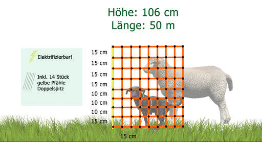 Diagramm eines elektrifizierbaren Schafzaunnetzes mit 106 cm Höhe und 50 m Länge, Maschenweite 15 cm, inkl. 14 gelber Pfähle mit Doppelspitze. Geeignet für Schafe und Hunde.