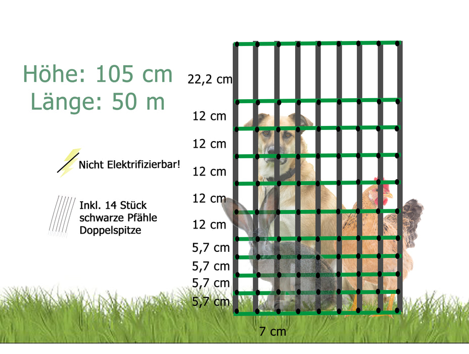 Diagramm eines nicht elektrifizierbaren Weidezaunnetzes mit 105 cm Höhe und 50 m Länge, inkl. 14 schwarzer Pfähle mit Doppelspitze. Maschenweiten variieren von 22,2 cm bis 5,7 cm, geeignet für Hunde, Hasen und Hühner.